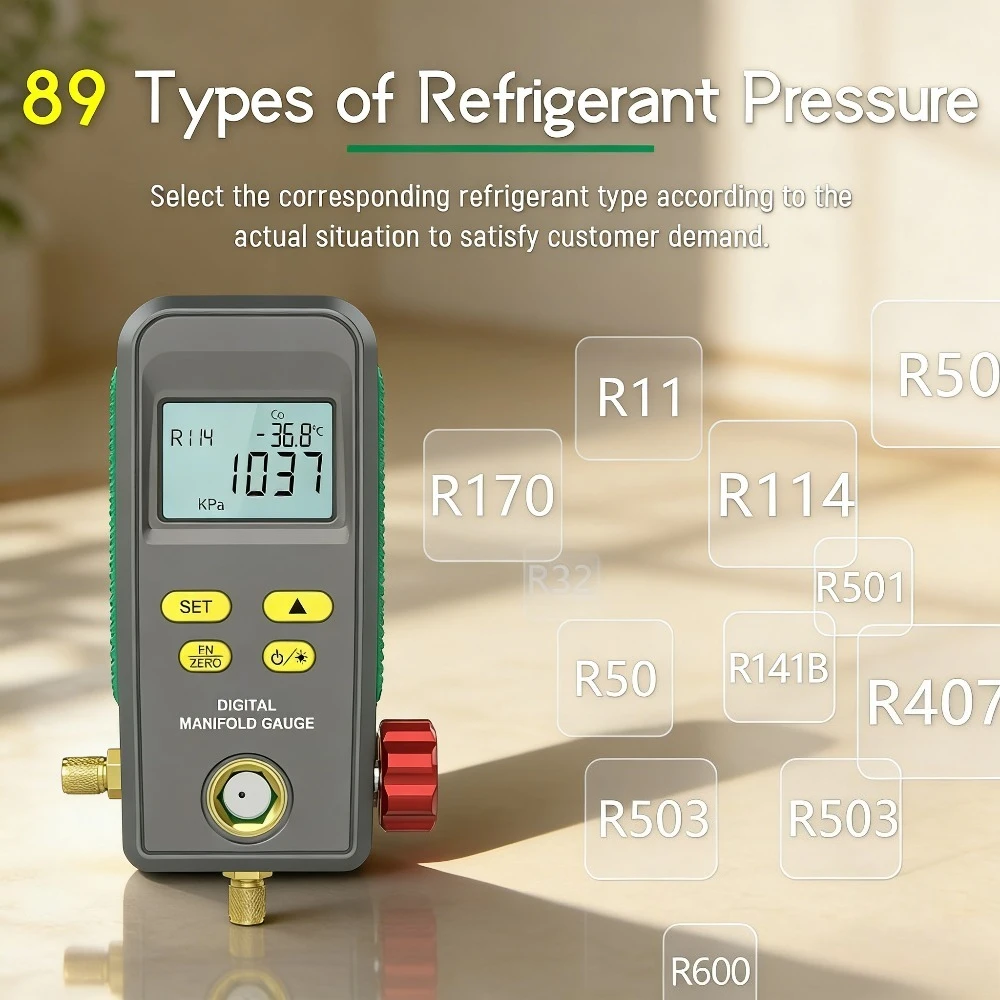 

Digital Manifold Gauge Refrigerant Vacuum Pressure Temperature Tester Electronic Manometer for Car Air Conditioning HVAC