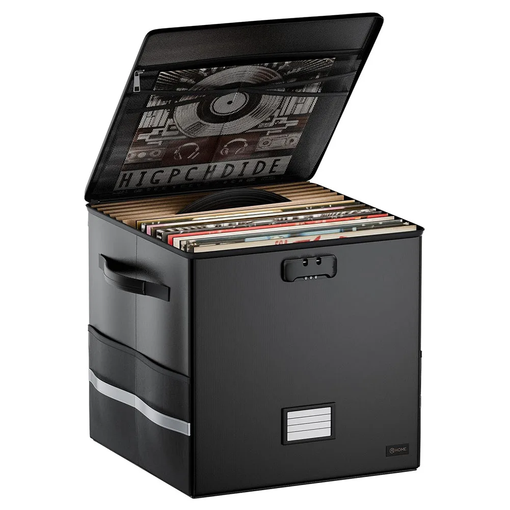 Vinyl Record Storage Box with Lock, Fireproof Water-Resistant LP Album Organizer, Holds 100+ Records, Collapsible