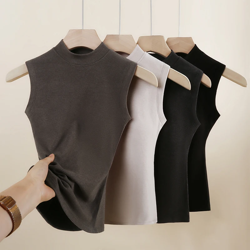 

Undershirt Camisole Women Turtleneck Sleeveless Sweater Autumn Winter Velvet Thickened With Chest Pad Bra Top Trace Warm