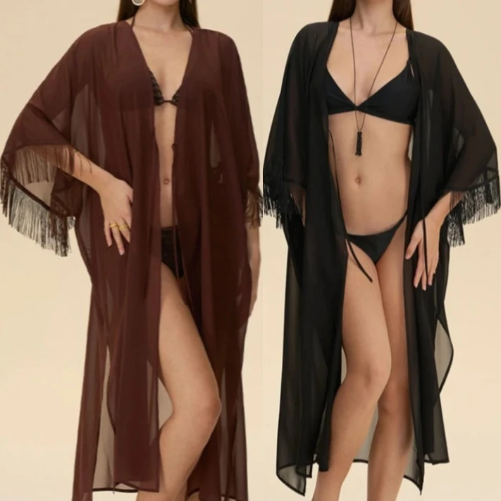 Sexy Chiffon Robe with Tassel Loose Kimono Cardigan Gown Bathrobe Temptation Perspective Nightgown Sleepwear Loungewear