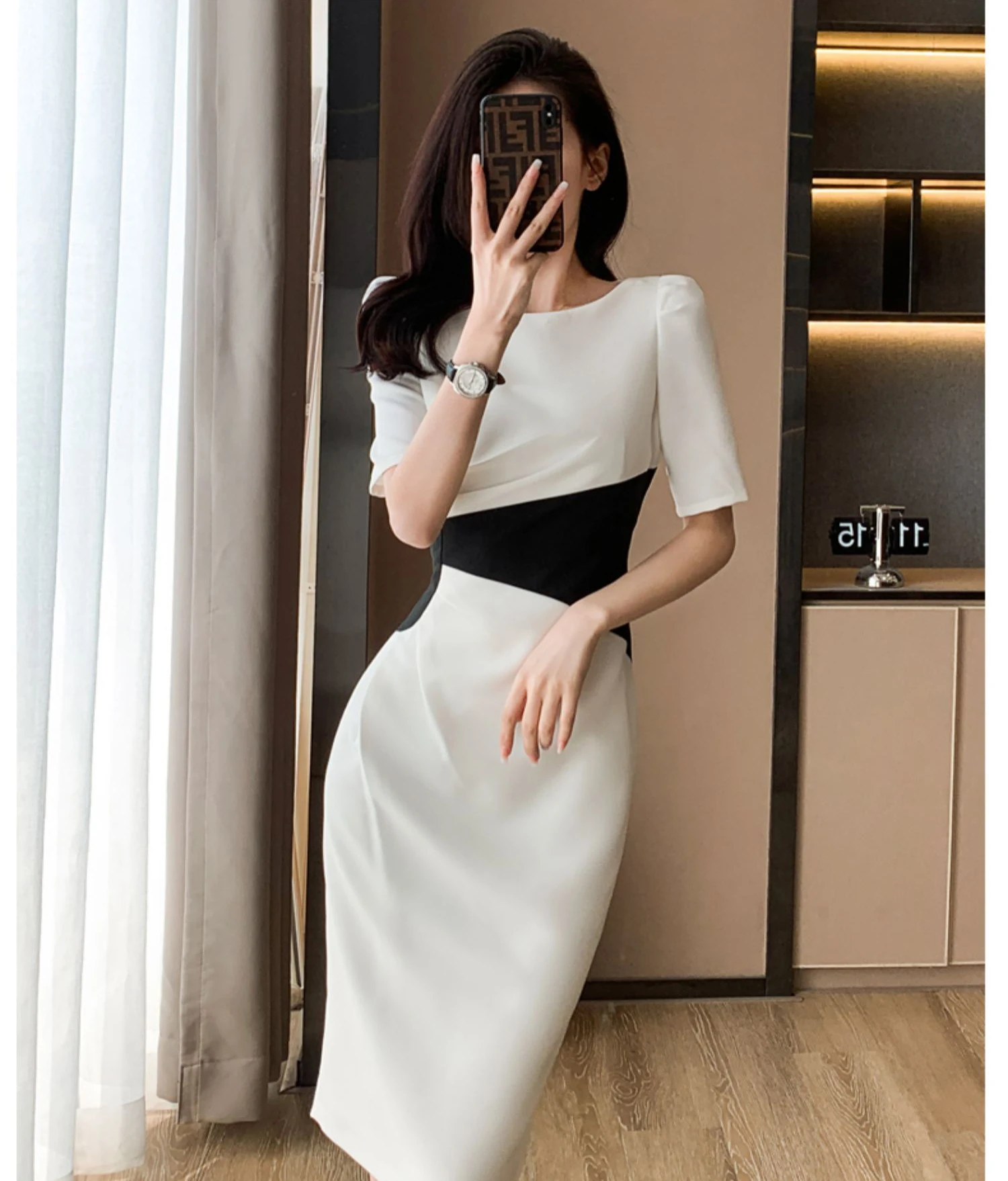 

Dresses 2023 New O-Neck Vintage Vestidos Simple Chic Color Blocking Bodycon Office Casual Dress Women Sheath Pencil Dresses