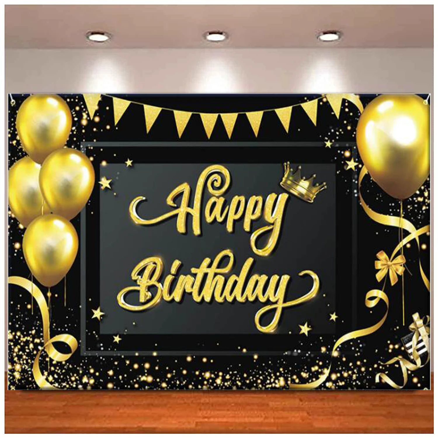 

Backdrop Banner Black Gold Balloon Star Fireworks Sign For Men Women 30th 40th 50th 60th 70th 80th Birthday Party Decoration