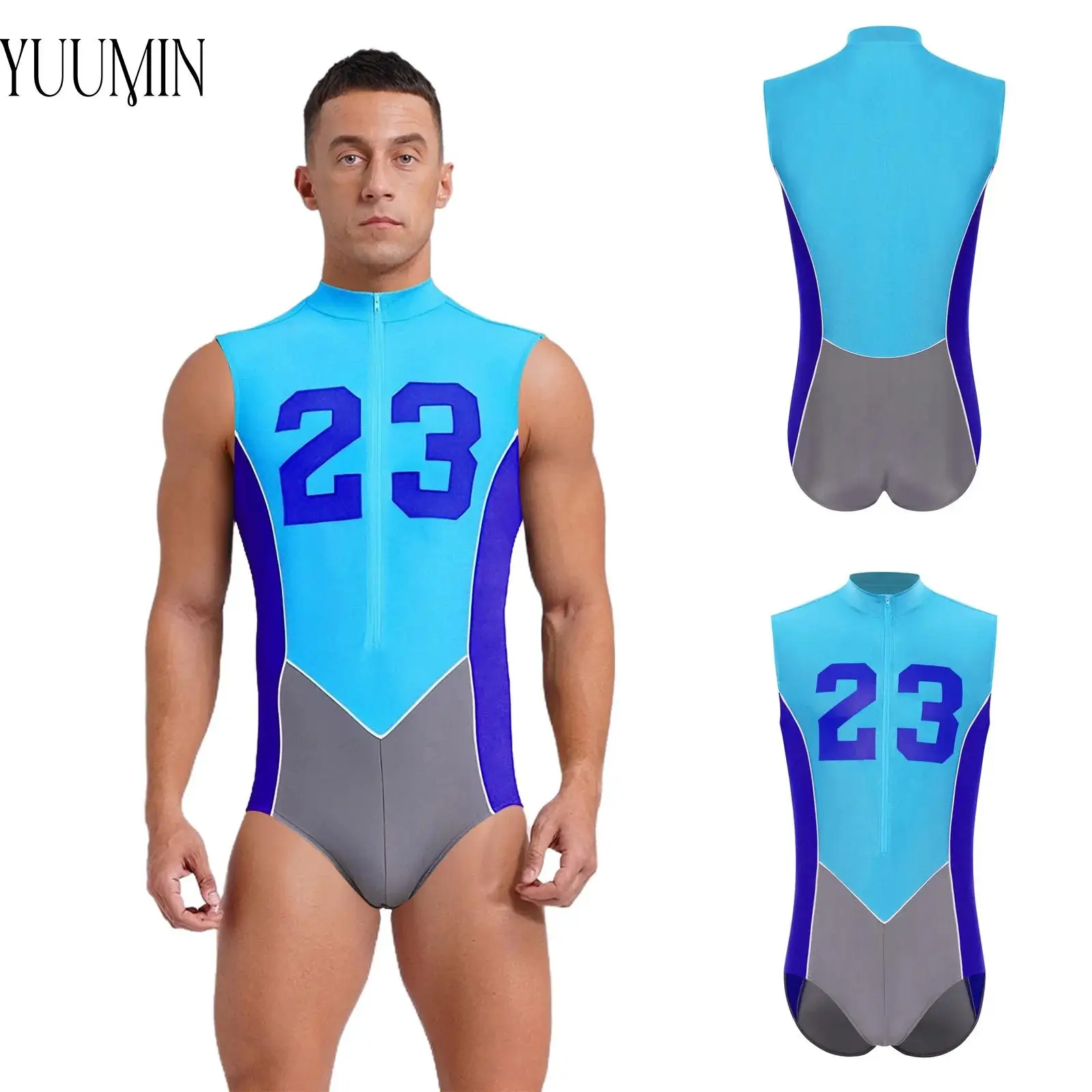 

One Piece Swimsuit Bodysuit Mens Sleeveless Front Zipper Number Printed Color Block Leotard for Cycling Running Workout Exercise