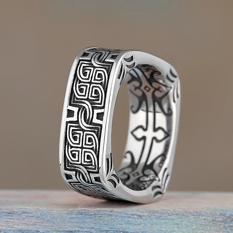 Vintage Carved Pattern Square Stainless Steel Rings For Mens Punk Anels Trend Personality Domineering Jewelry Wedding Gift