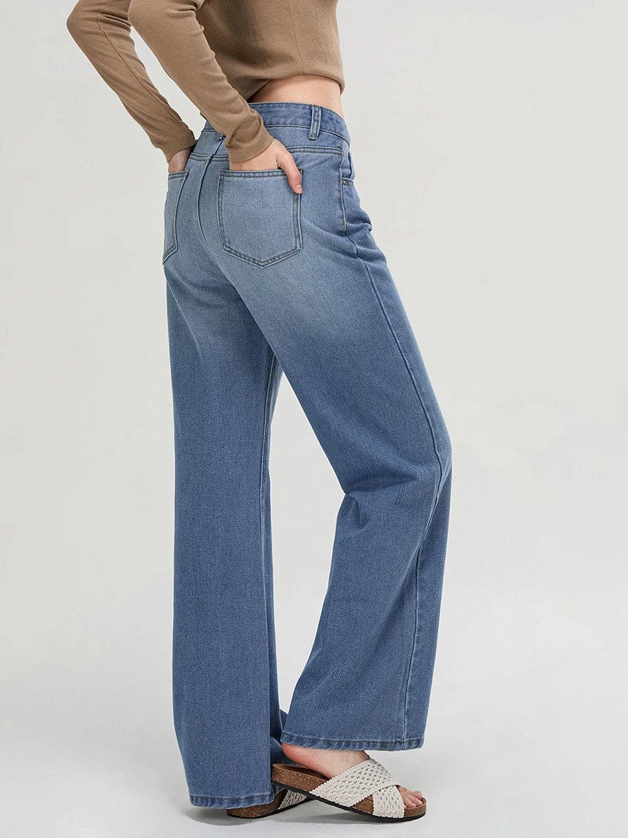 Women Fashion Wide Leg Jeans High Rise Casual Classic Pull-on Baggy Denim Pants with Pockets