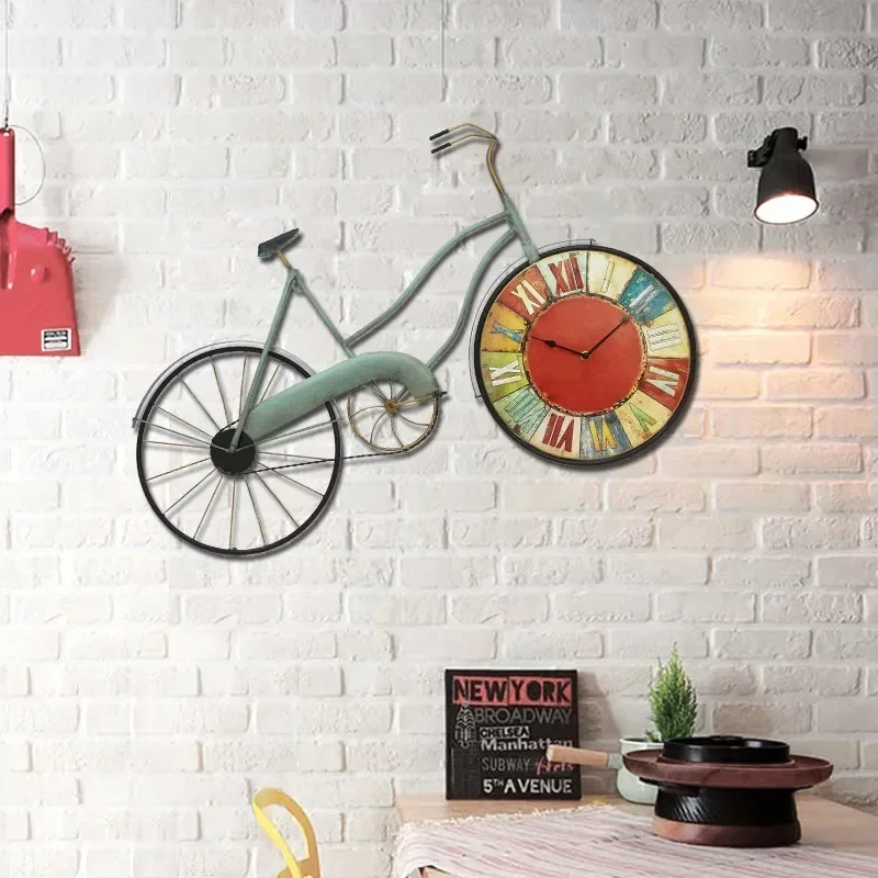 Vintage American Large Luxury Metal Wall Clock Metal Creative Wheel Bicycle Clock Big Size Living Room Reloj Wall Decorations