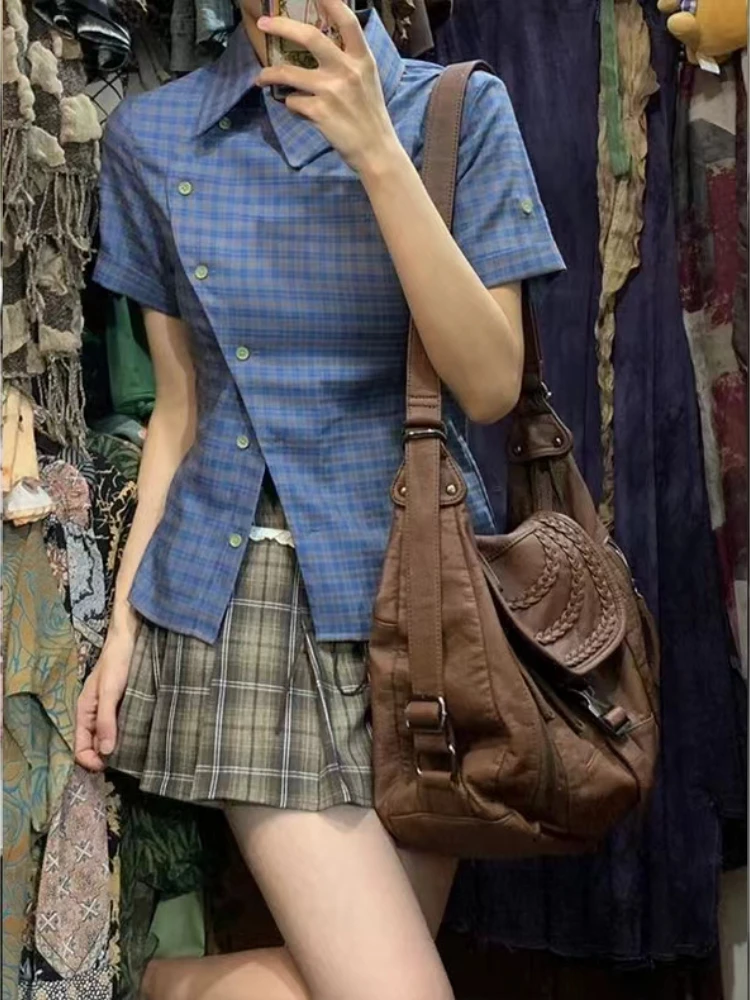 Sweet Cool All-match Blue Plaid Shirts Women Y2k Retro E-Girl Loose Short Sleeve Blouses 2024 Summer New Lapel Neck Blusas Mujer