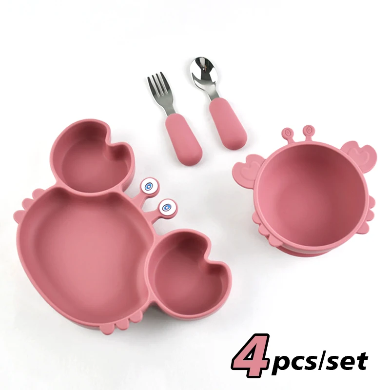 

4Pcs/Set Baby Safe Silicone Dining Plate Cartoon Crab Bowl And Stainless steel Fork Spoon Children Fall Prevention Tableware Set