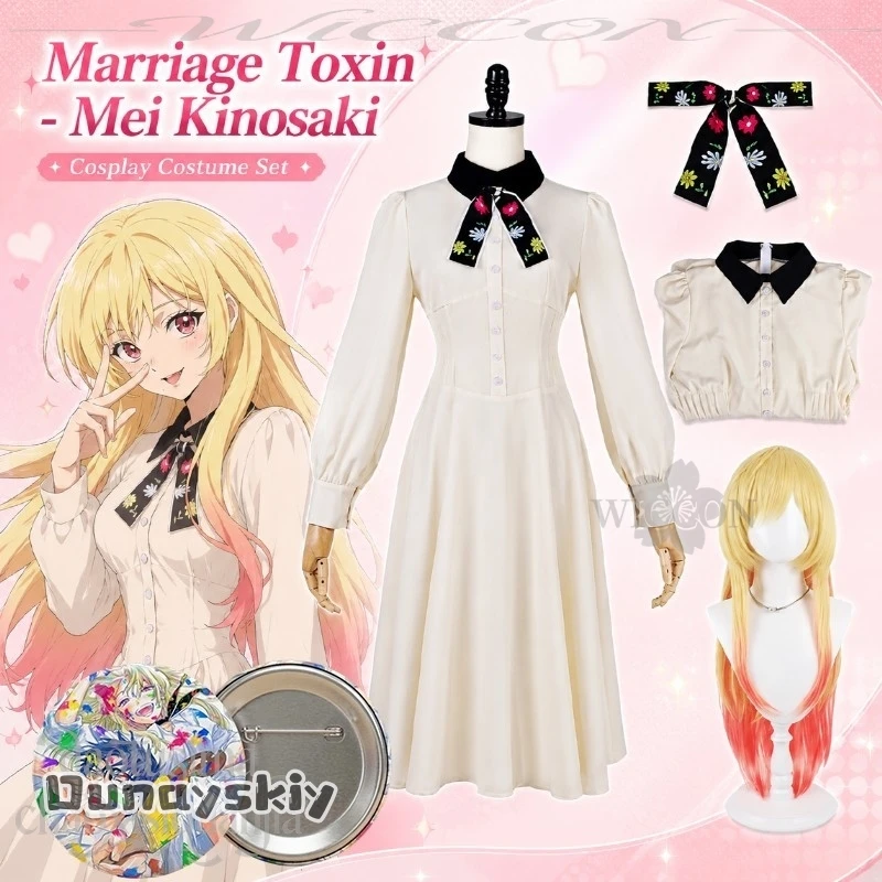 Disfraz de Cosplay Marriage Toxin Mei Kinosaki, Uniforme Escolar Japonés JK, Vestido Largo Blanco Kawaii Y2K, Pelucas Jirai Kei, Insignia, Halloween