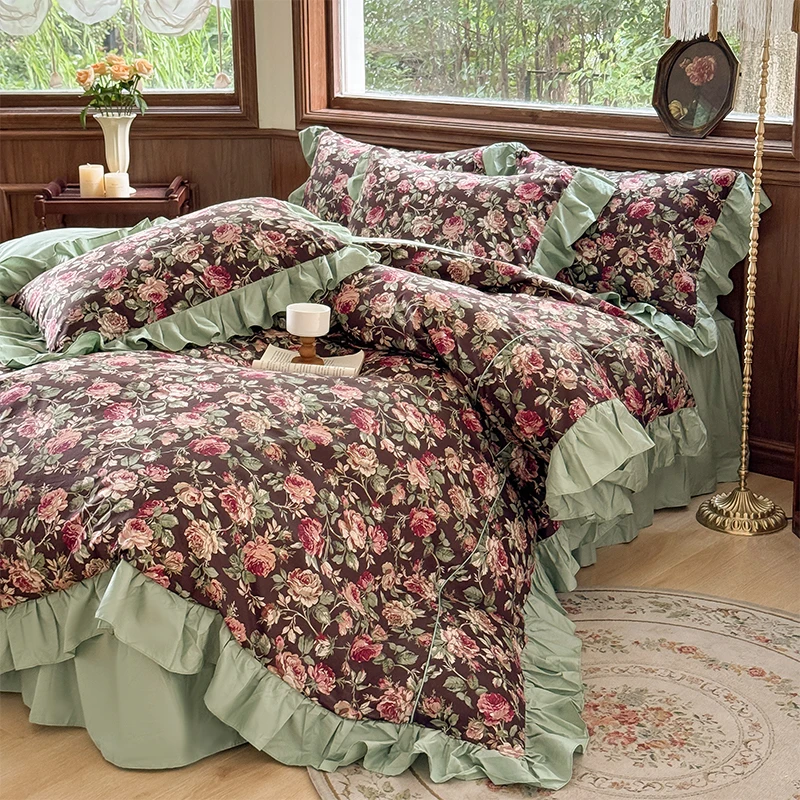 100% Cotton Korean Princess Style Ruffles Rose Flowers Print Bedding Set Quilt Cover Set Bedskirt Bedspread With Pillowcase 4Pcs