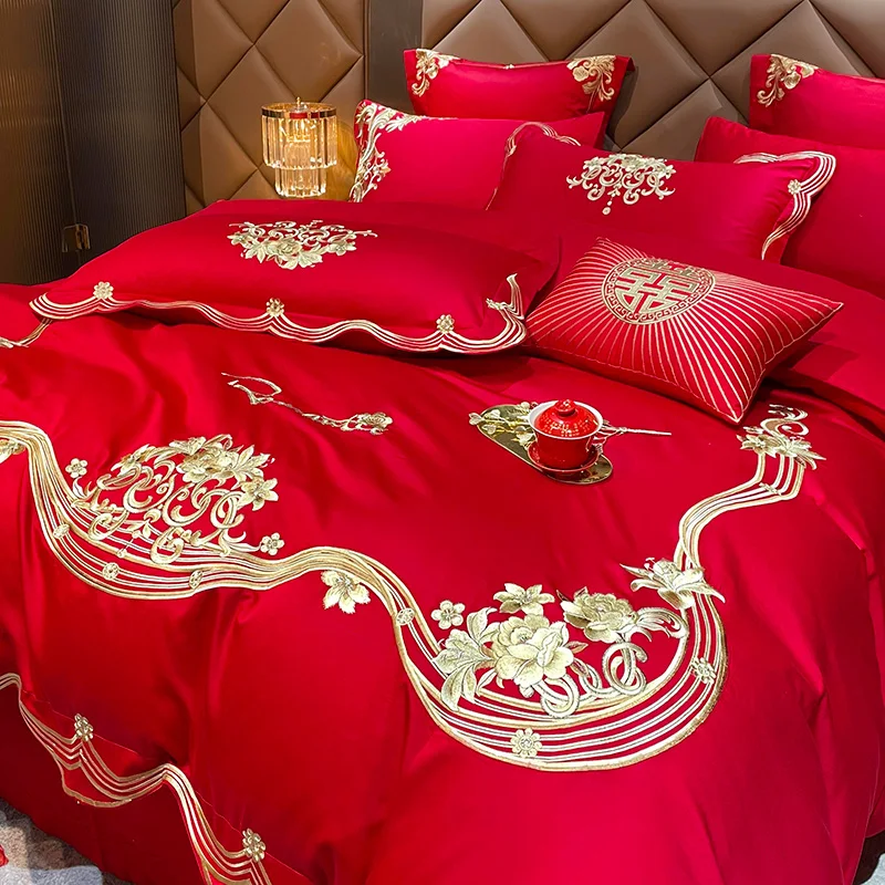 Red 100% Cotton Bedding Set Queen King Size 4pcs Golden Flowers Embroidery Duvet Cover Flat Bed Sheet Pillowcases Home Textile