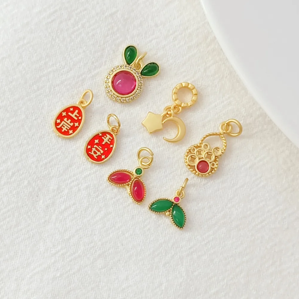 

Ancient-style Gold Accessory Zirconium Rabbit Head Green Leaf Red Leaf Gourd Pendant Oil-dripping Safe Landing Pendant DIY