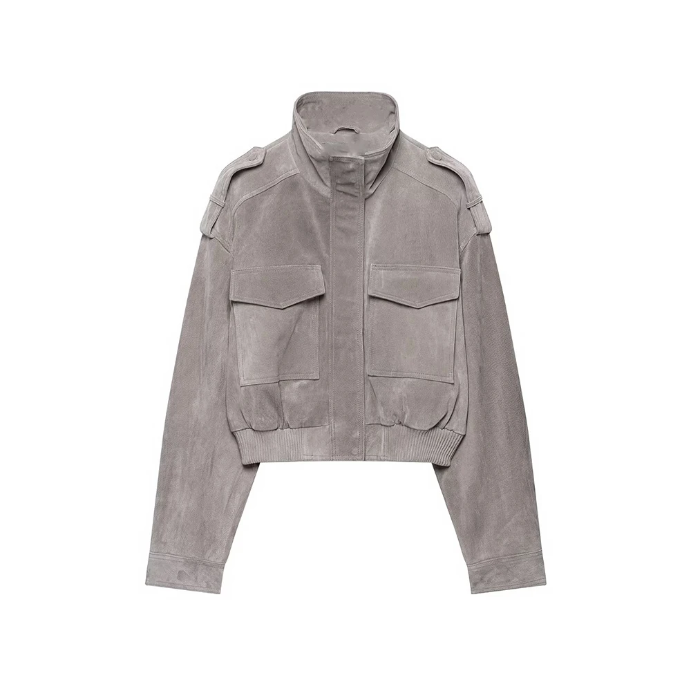 KONDALA Vintage Graue PU Streetwear Damenjacke Mode 2026 Herbst Reißverschlusstasche High Street Chic Moderne Kurze Damenjacke – Detail 7