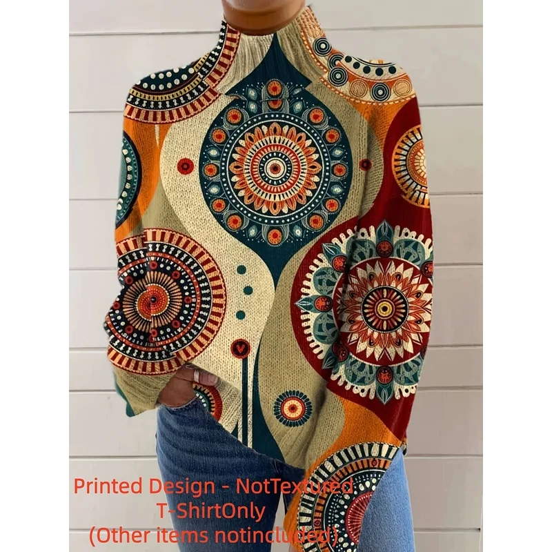 Women's Tribal Mandala Print Turtleneck Sweater Long Sleeve Knit Pullover Loose Soft Warm Autumn Winter Casual Fashion Top
