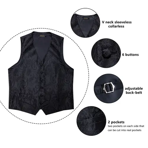 Men Black Paisley Vest Necktie Bowtie Pocket Square Cufflinks Dress Set жилетка мужская Classic 5 PCS Business Waistcoat for Man - Image 4