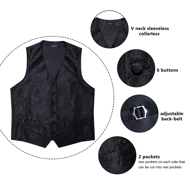 Men Black Paisley Vest Necktie Bowtie Pocket Square Cufflinks Dress Set жилетка мужская Classic 5 PCS Business Waistcoat for Man - Image 4
