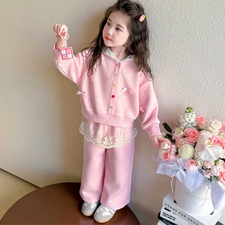 

Girls Suit 2025 Autumn New Children's Clothing Girls Baby Fashion Lace Hat Color Point Hoodie Two-piece Casual Simple Daily