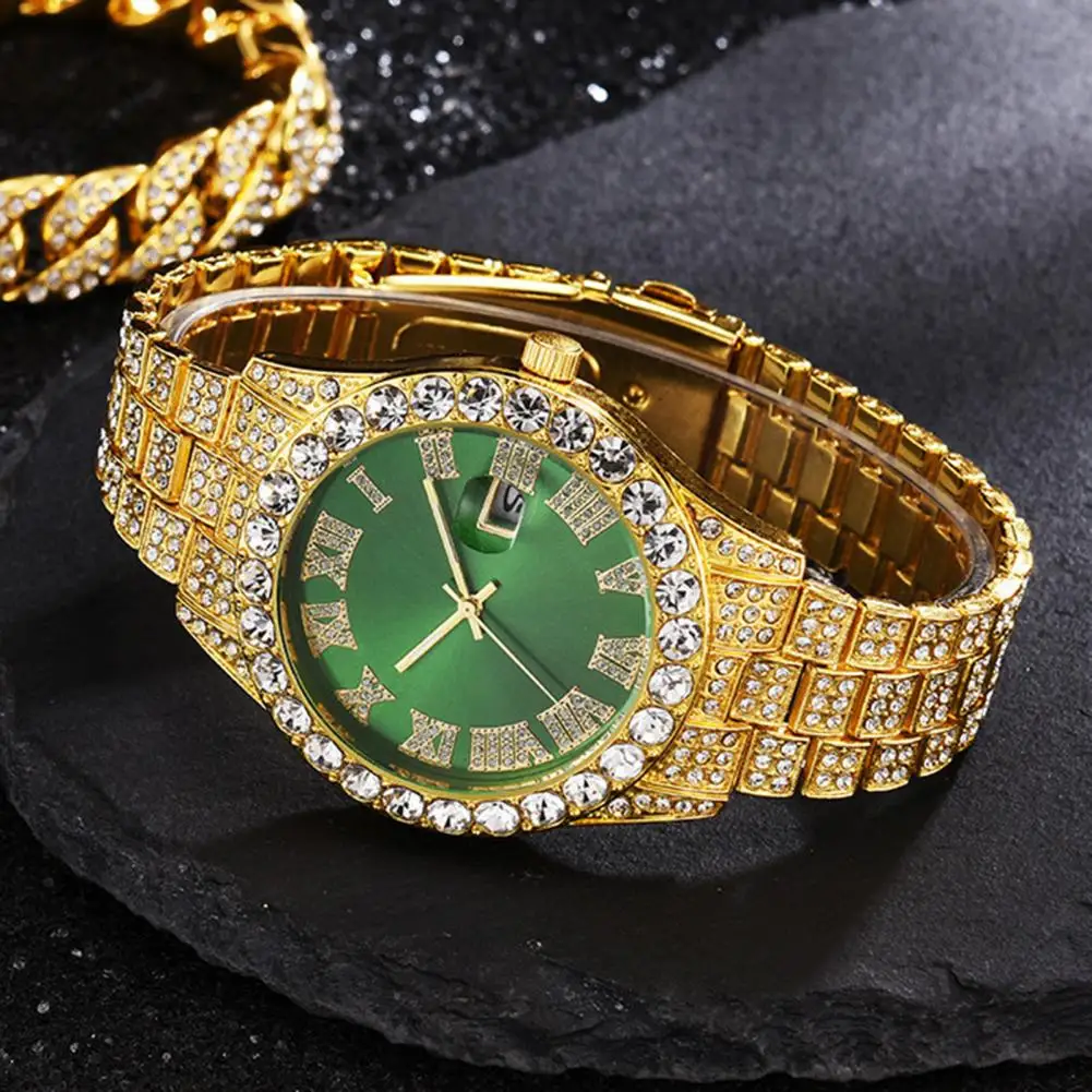Men Fashion Bracelet Watch Quartz Analog Watch with Day Calendar Rhinestone Bracelet Wristwatch Gift for Husband Boyfriend 2026