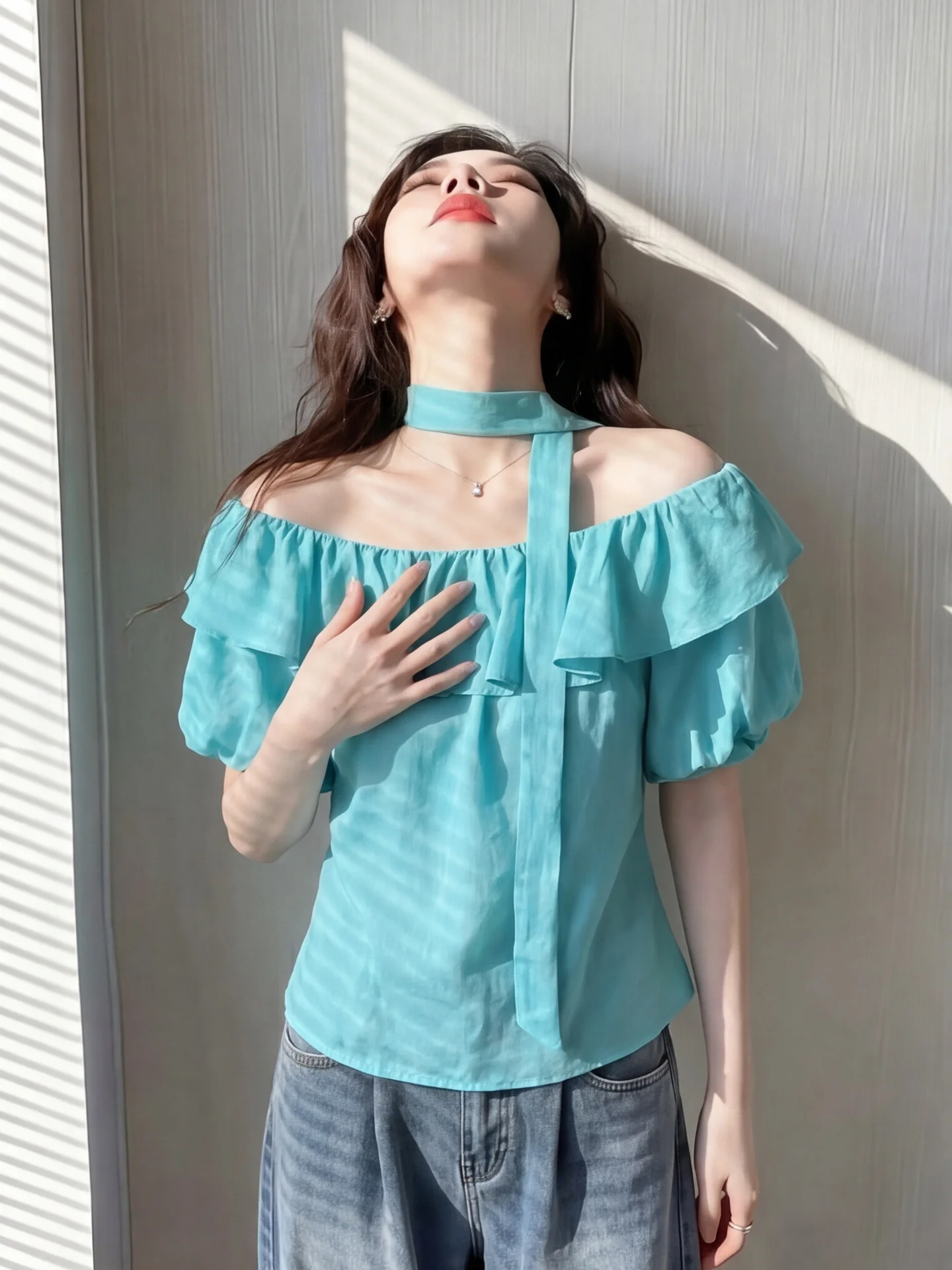 

Summer Women's Loose Shirt Neck Hanging Sash One Shoulder Lake Blue High-End Feeling Breathable Comfortable Korean Style Blouse