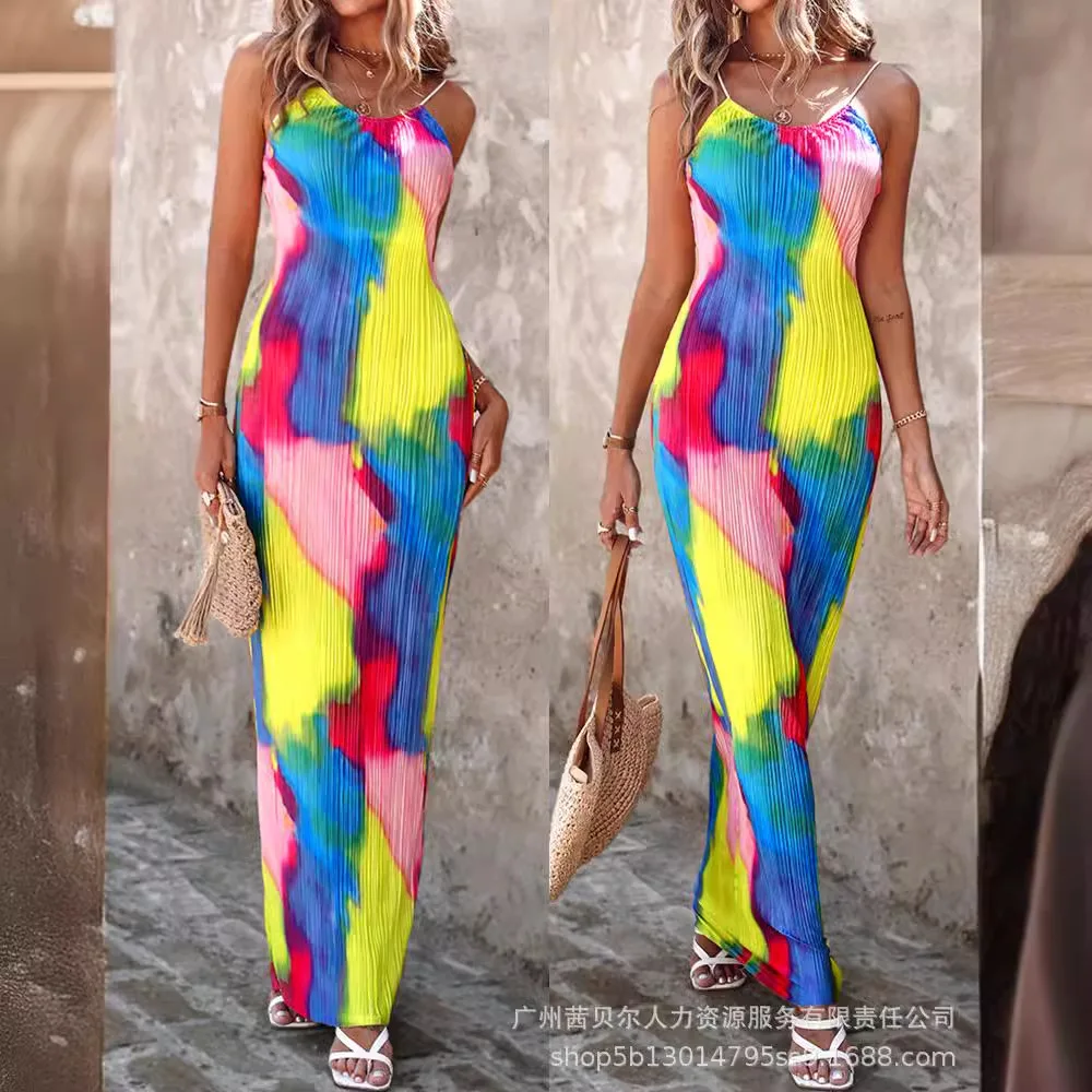 ชุด Maxi ชุดผู้หญิง Colorblock Tie Dye Cami พิมพ์ชุดยาวจีบชายหาดสลิงแขนกุด Casual Elegant Party Vestidos