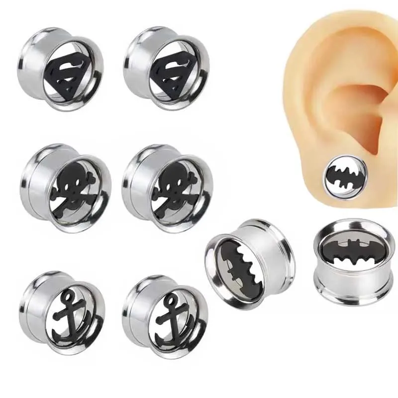 1 Pair Stainless Steel Spiral Gauge/Tunnel Double Horn Ear Plugs Goth Punk Hollow Bat Ear Plugs Piercing Jewelry 6-20mm