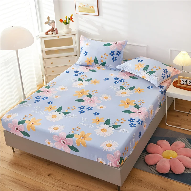 Cartoon Flower Printed Fitted Sheet with Elastic Band 100% Cotton with 2 Pillowcase Children Adult Kids Soft Bed Mattress Cover