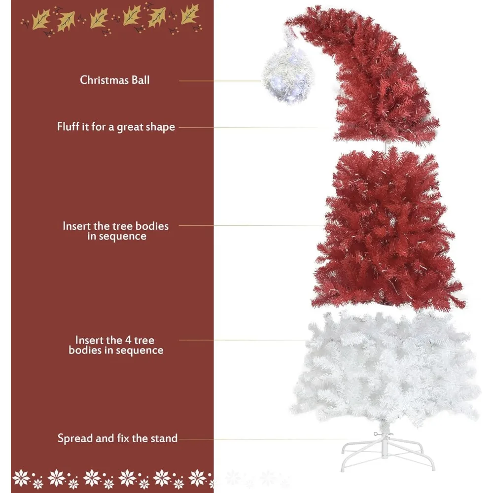 Albero di Natale rosso da 7 piedi, albero di Natale rosso con cappello da Babbo Natale preilluminato con 400 luci e 1250 rami, Natale stravagante artificiale