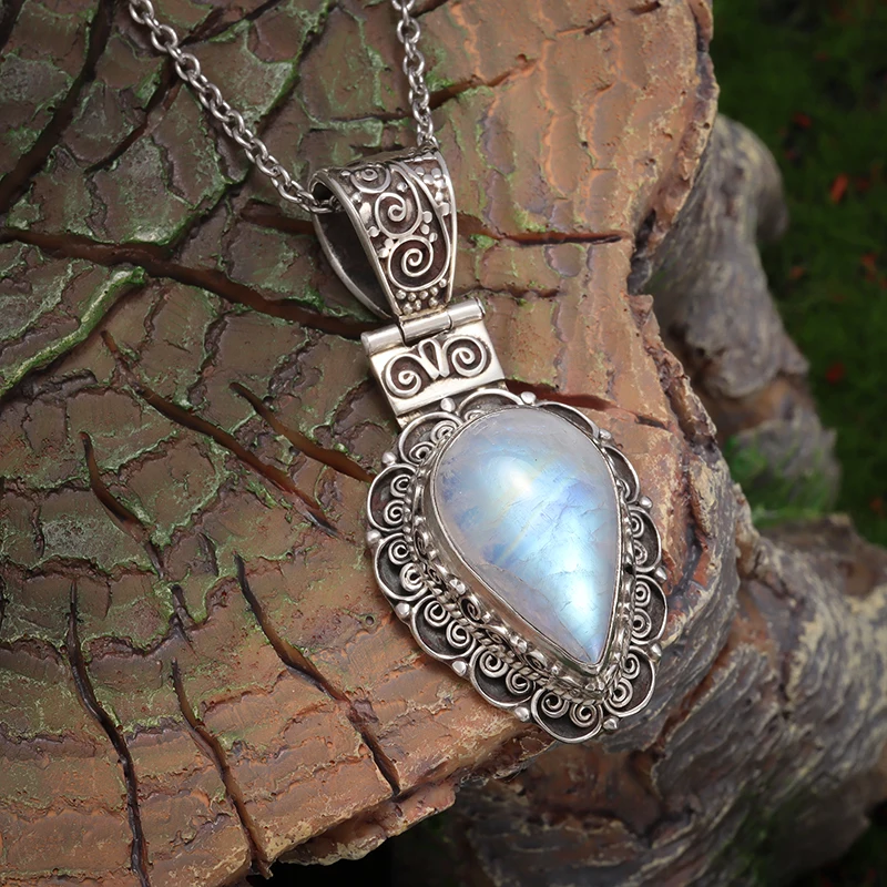 Exquisite Water Drop Moonstone Pattern Pendant Necklace Women\'s Fashion Elegant Party Jewelry Girls Gift