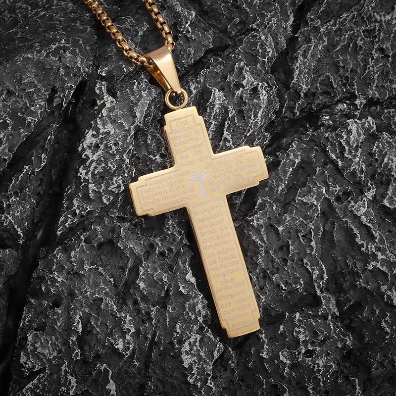 Steel Titanium Cross Pendant Engraved Christian Bible Necklace for Men Women Prayer Lucky Amulet Jewelry