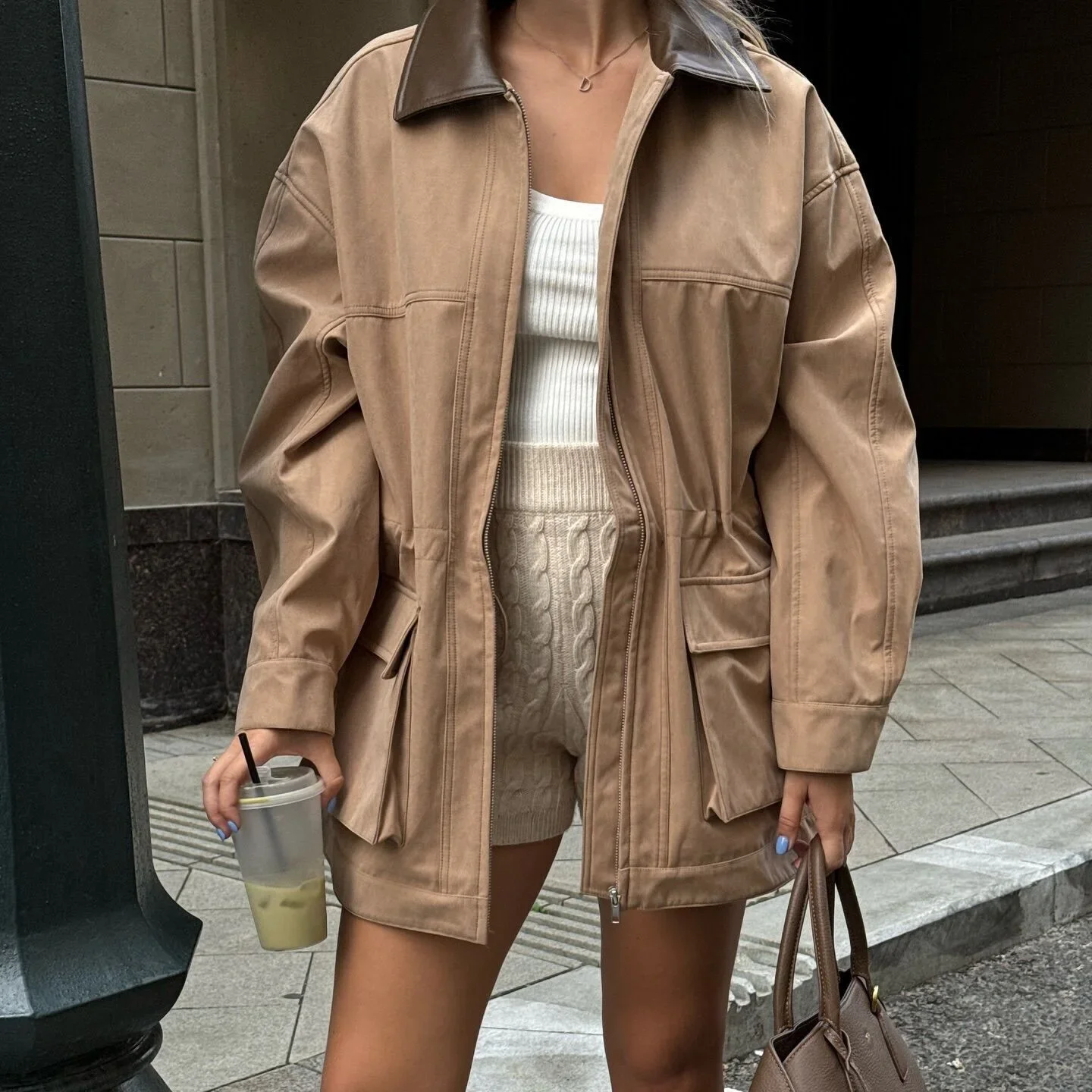 

2025 Spring and Autumn Lapel Suede Jacket Coat Fashion Long Pocket with Pocket Zipper Jacket Outwear Women
