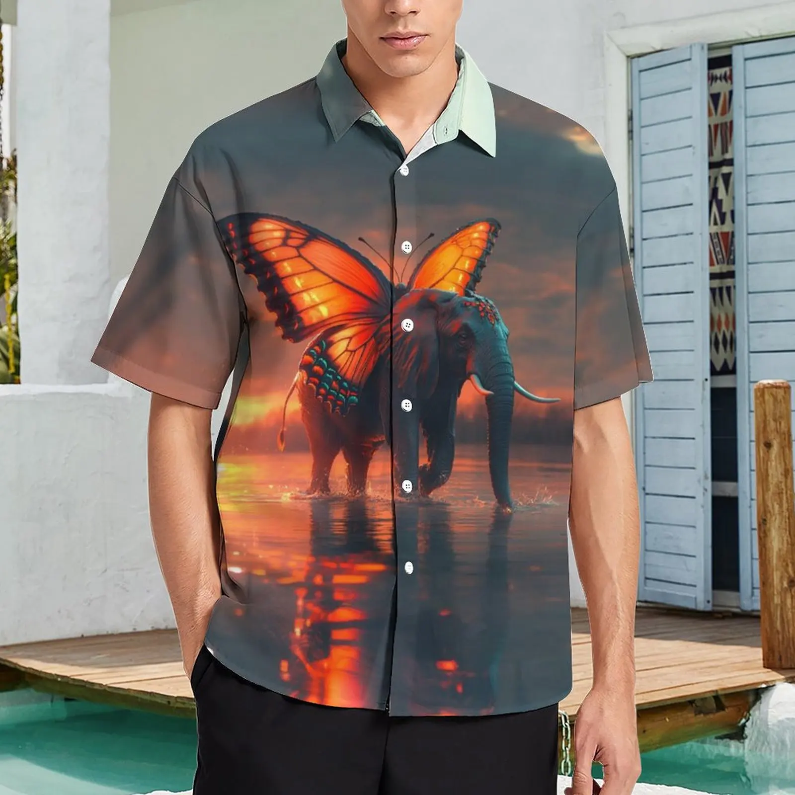 Summer Men's Hawaiian Short Sleeve Shirts Animal With Wings Printed Loose Oversize Giraffe Zebra Elephant Picture Daily Clothing