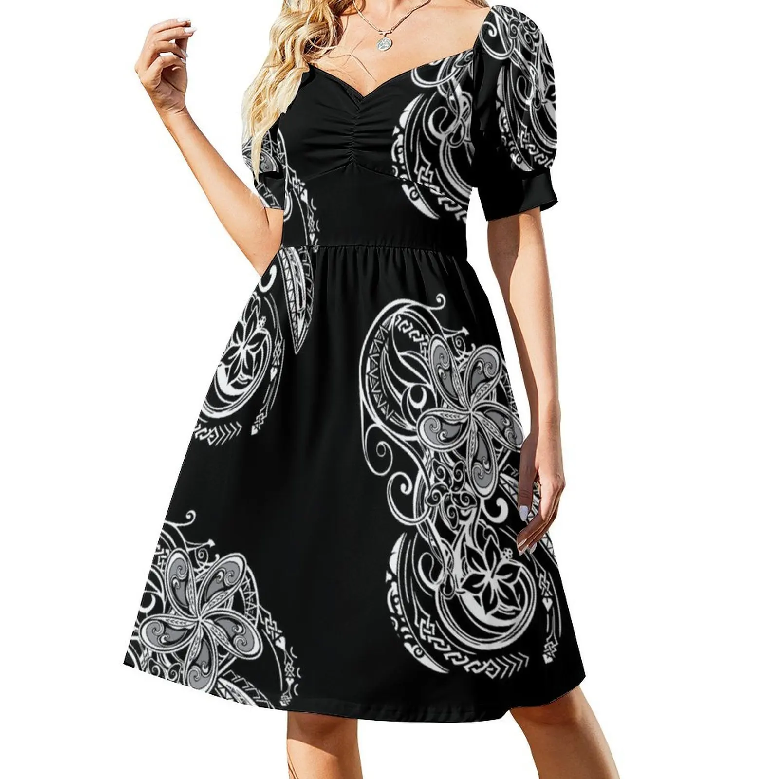 هاواي أبيض وأسود القبلية المواضيع الأزهار سموك فستان للنساء الربيع الصيف فستان كاجوال للحزب هاواي ساموا #2