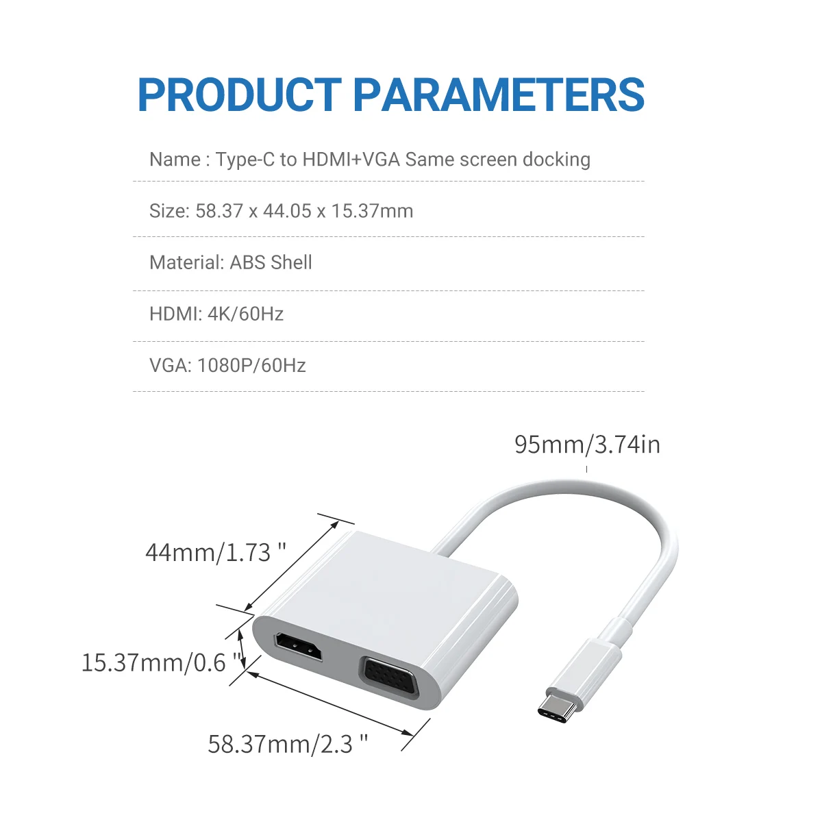 2-Port Dual Monitor Adapter USB-C Laptop Docking Station Type-C to HDMI+VGA Hub Support 4K 60Hz/VGA 1080P for Macbook  Surface