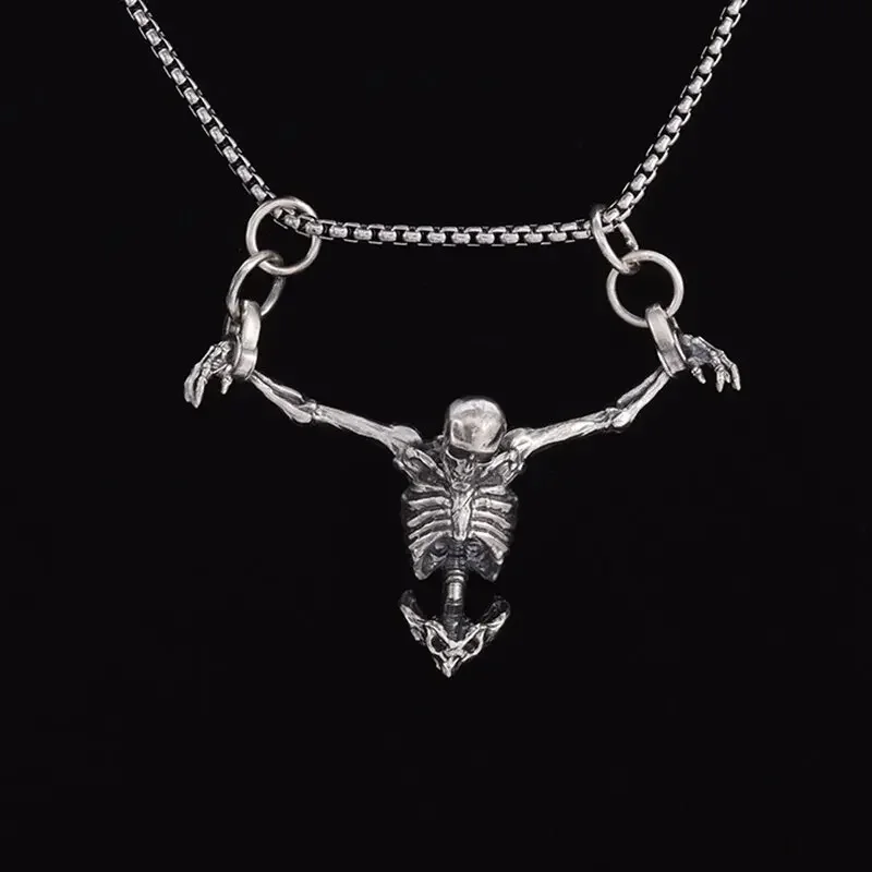 Vintage Silver Color Captivity Skull Pendant Men\\'s Personality Biker Punk Rock Necklace Halloween Jewelry Accessory