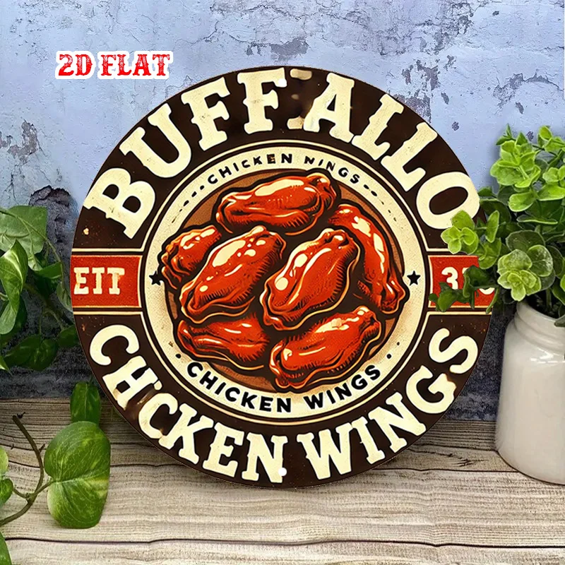 2D Flat Featuring Buffalo Chicken Wings, This Vintage-Style Decorative Plaque Is Perfect for Enhancing Home, Office, Café