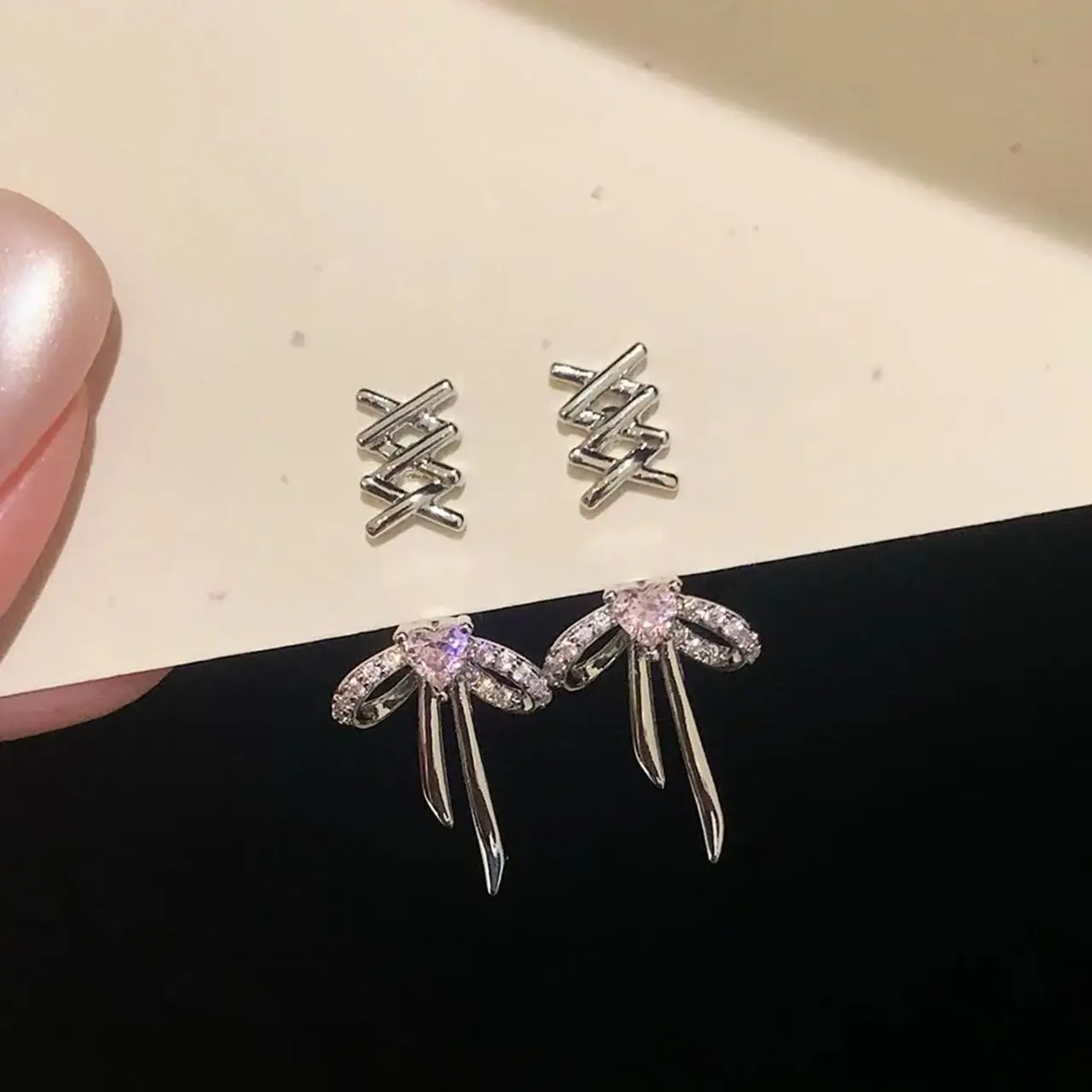 Y2K Girls Sweet Cute Pink Crystal Ballet Style Ribbon Bow-Knot Heart Stud Earring Women Korean Fashion Kpop Earring Jewelry Gift