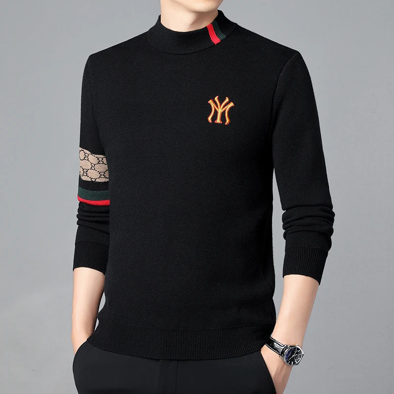 

2025 Middle Aged and Young Men's Thick Sweater Winter New Style Hoodie Half High Collar Warm Base Knitted Woolen Sweater Trendy