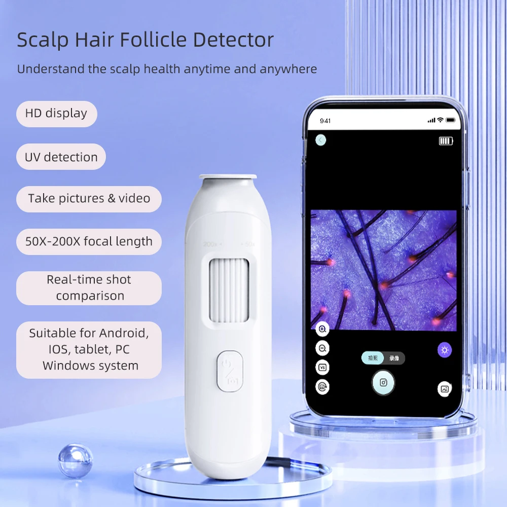 New 50X-200X Hair Follicles Scalp Detector Skin Analyzer Microscope Tool High Definition Skin Tester Support APP Wireless Use
