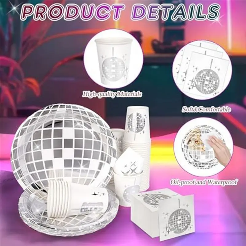 ABJI-Disco Party Supplies Tableware Set Disco Ball Dinner Plate Napkin Fork Disco Birthday Rock Dance Music Party, Durable 150 P view 4
