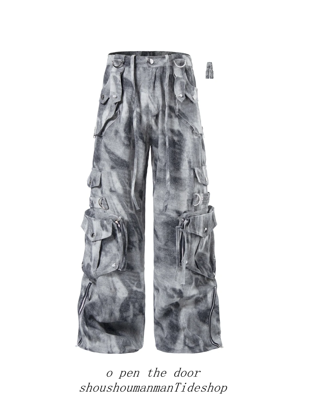 Calças Jeans Americanas Tingidas de Perna Larga, Calças Cargo Casuais Soltas, Calças de Trabalho Camufladas Unissex, Calças L...