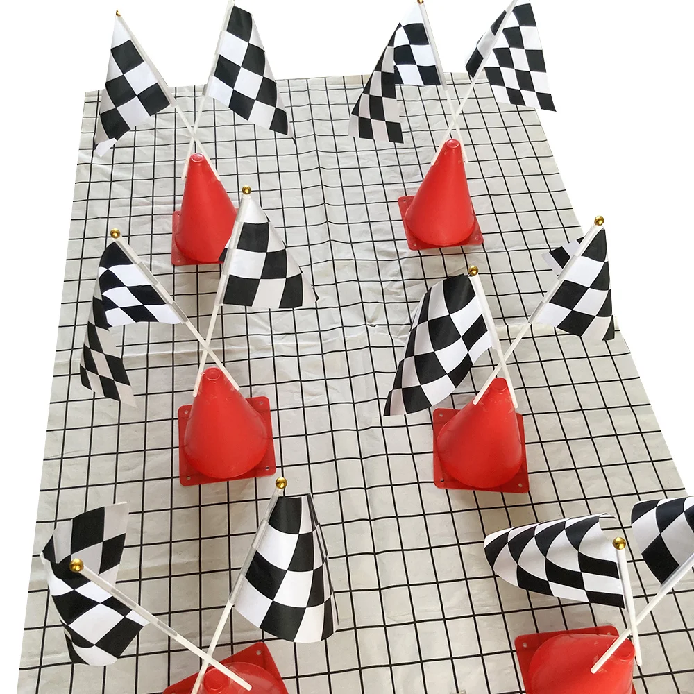 36 PCS 12 Set Race Car Theme Party Supplies Racing Traffic Cone with Black White Checkered Flag Hot Wheels Birthday Decoration