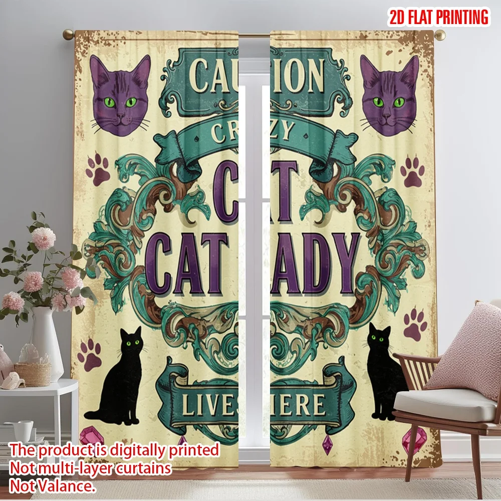 

2pcs 2D flat printing Window Curtains CAUTION CRAZY CAT LADY LIVES 100% Polyester Without Electricity Festive Curtains for