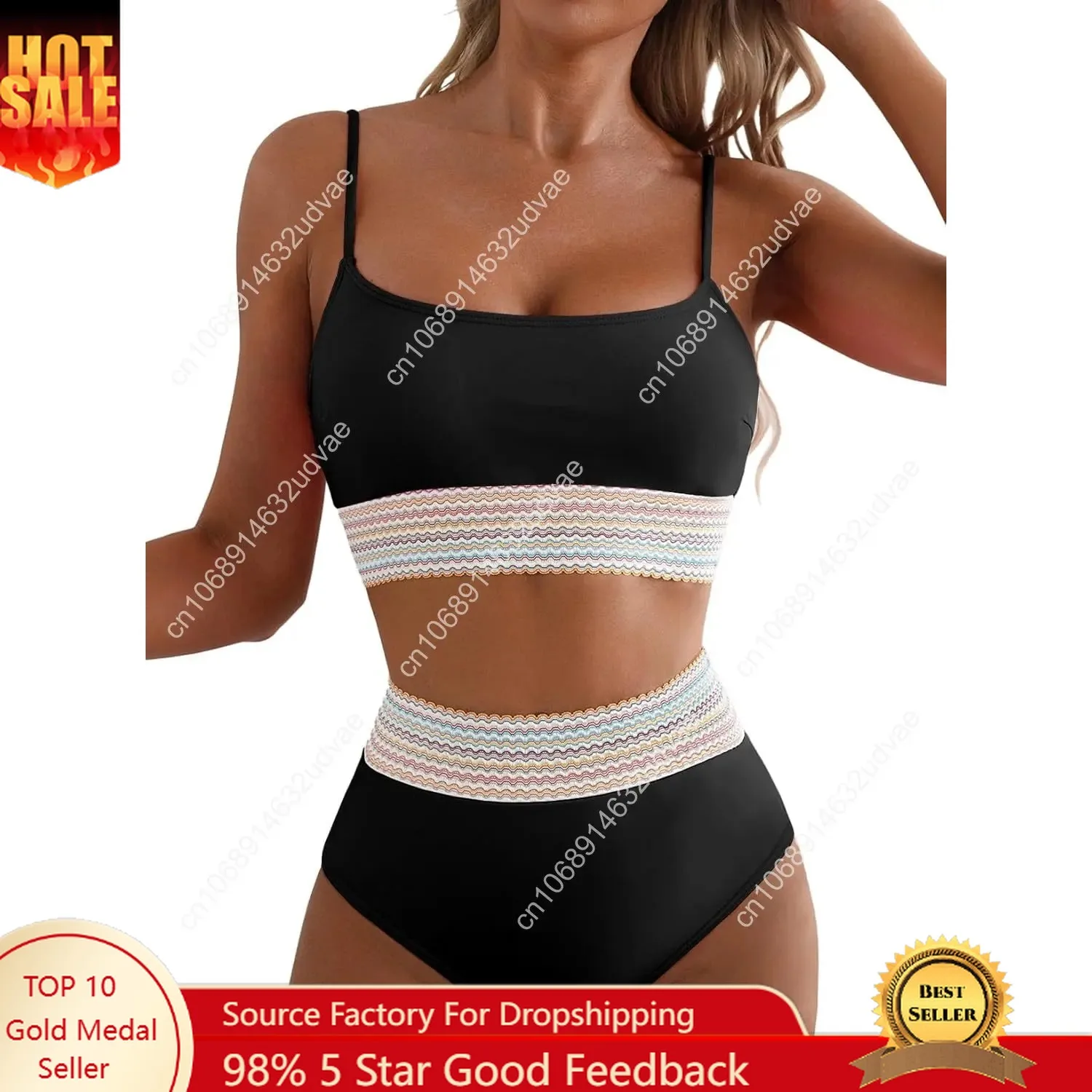 Set bikini da donna Colorblock Trim Costume da bagno 2 pezzi a vita alta con scollo rotondo e spalline regolabili
