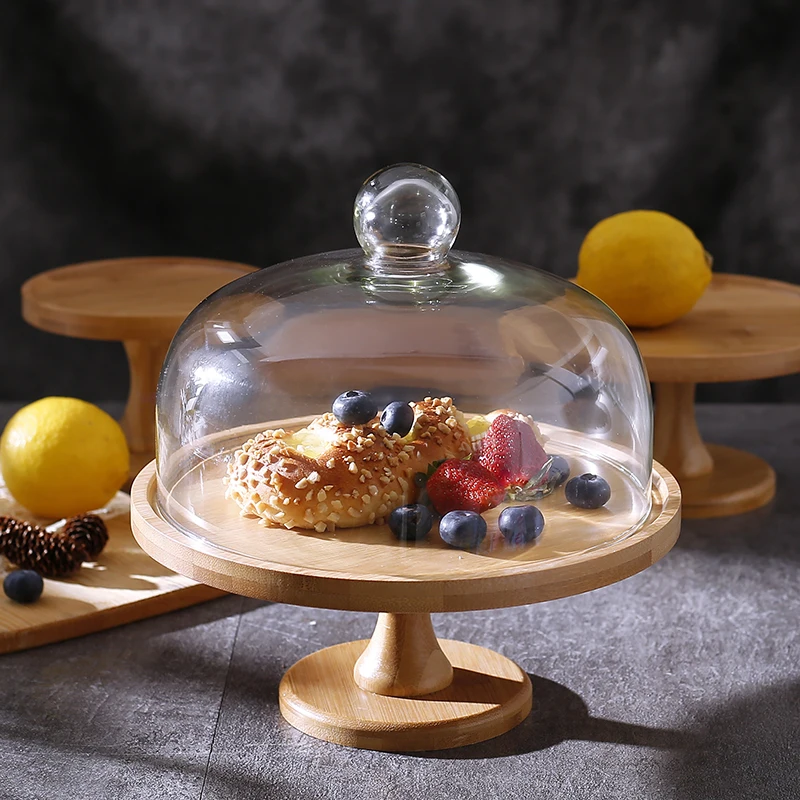 European Style High Foot Cake Display Stand Acacia Wood Tray Clear Glass Cover Household Decoration Tools