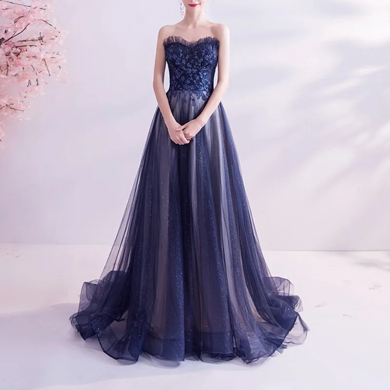 Customized Customized Decal Blue Starry Wedding Party Dress 2024 New Dinner Long Trailing Birthday Party Strapless Prom Dresses