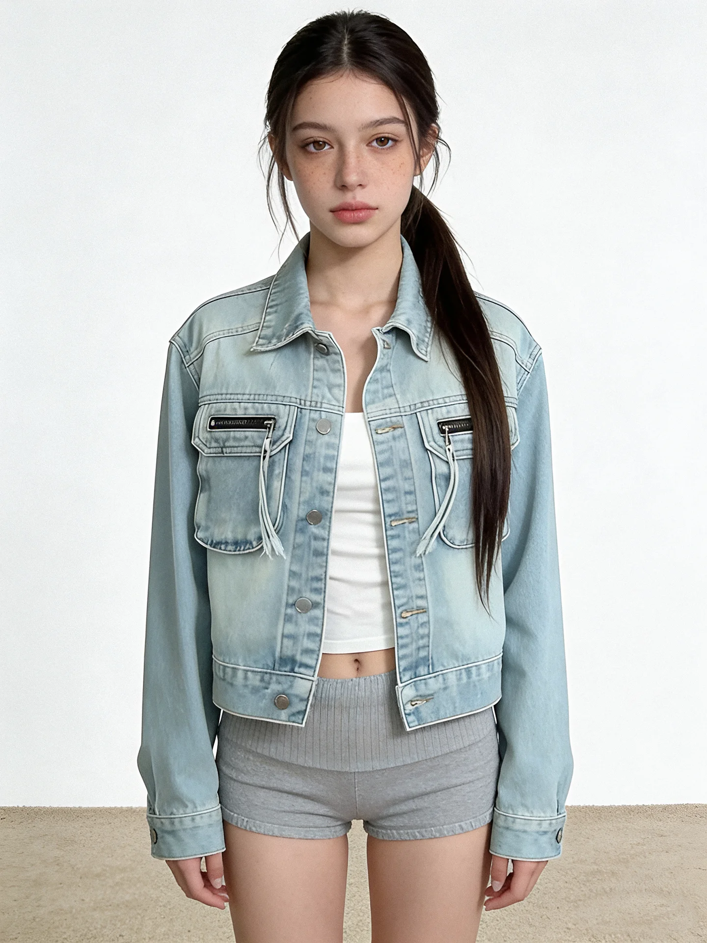 

Винтажная джинсовая куртка JYOOK для женщин, новая весенняя модель с отложным воротником, короткое пальто с длинными рукавами, на пуговицах, из других материалов.