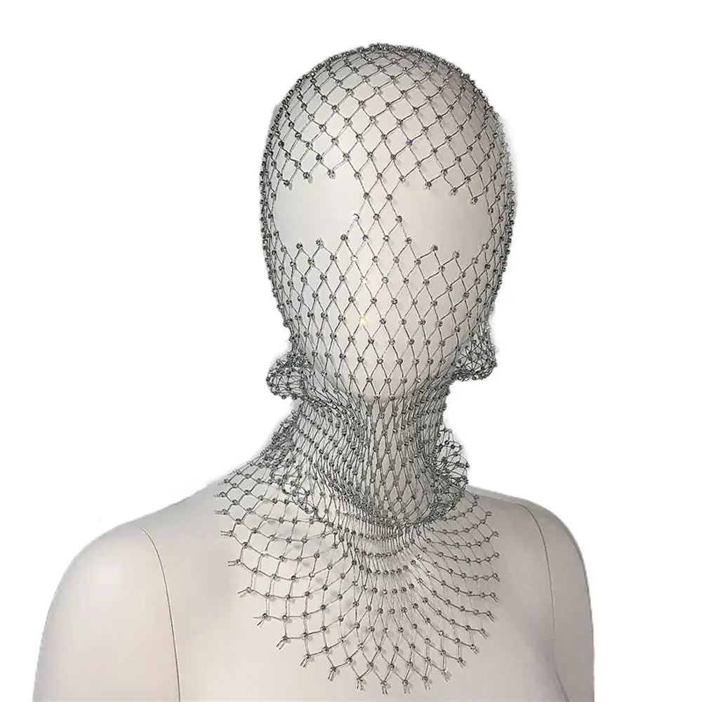 Capa lenço véu oco para fora máscara turbante chapéu zircão diamante headwrap máscara de cabeça de cristal strass malha véu fishnet headhood