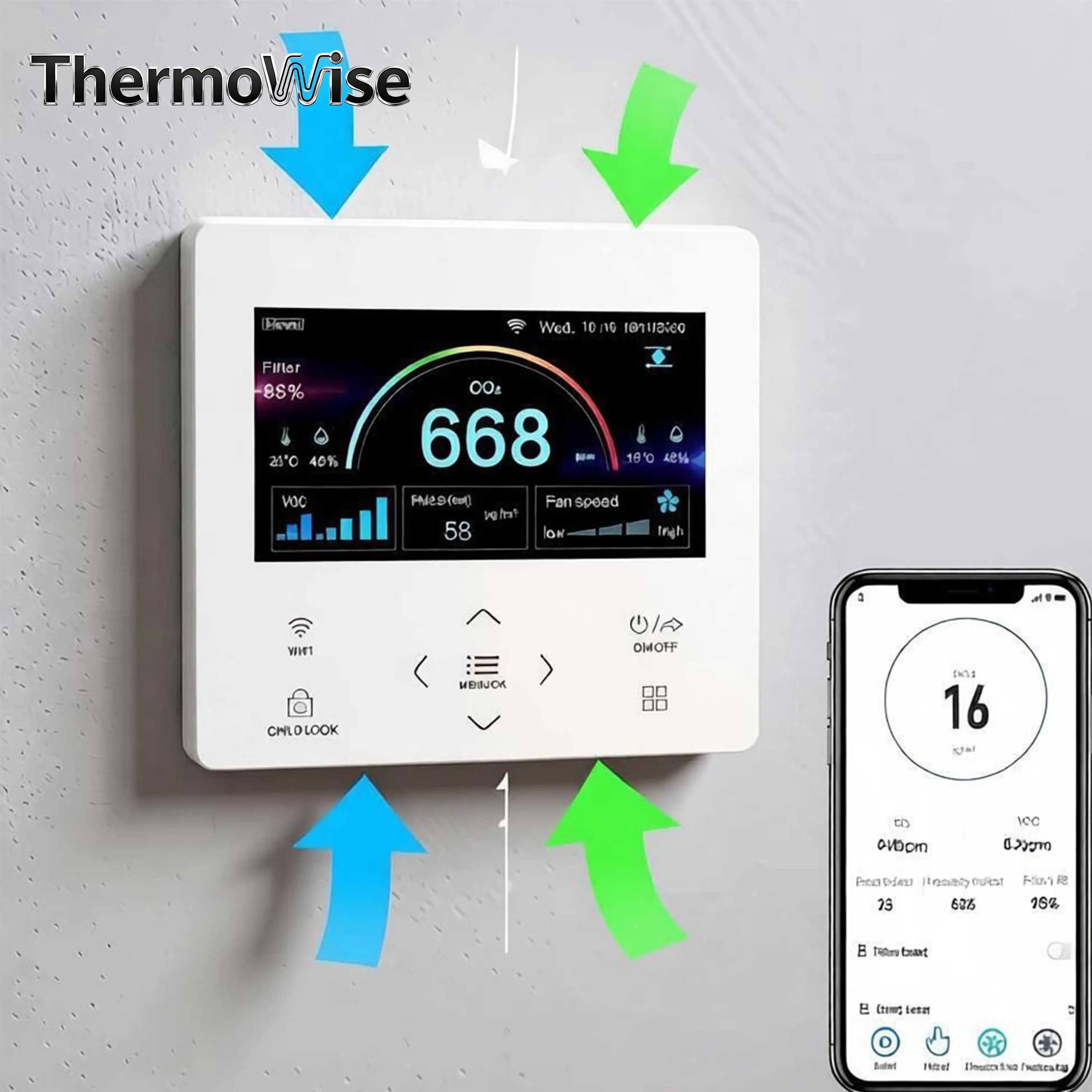 Home Smoke/Air Quality Detector WiFi Control Panel for ThermoWise Sensor CO2/VOC/PM2.5 Adjustment EC/AC Air Ventilation System
