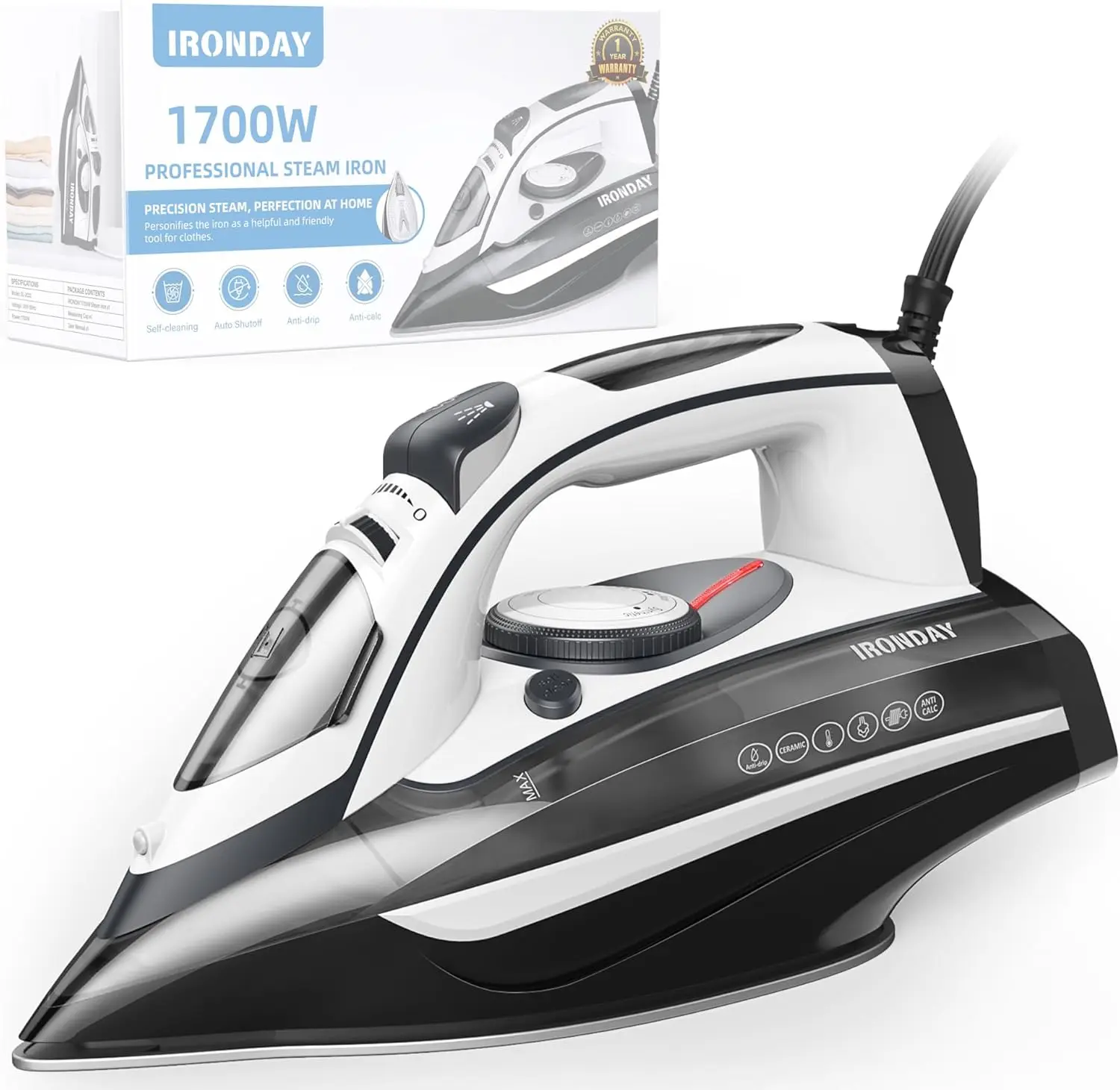 

1700W Steam Iron with Fast 20s Heat-up, Ceramic Soleplate, Large Water Tank, Auto-Off & Burst Steam for Home Use