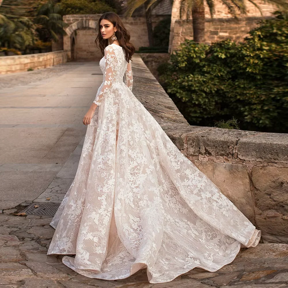 Long Sleeve Lace A Line Wedding Dress Boat Neck Floral Lace Appliques Champagne Lining Cathedral Train Bridal Gown Custom Size